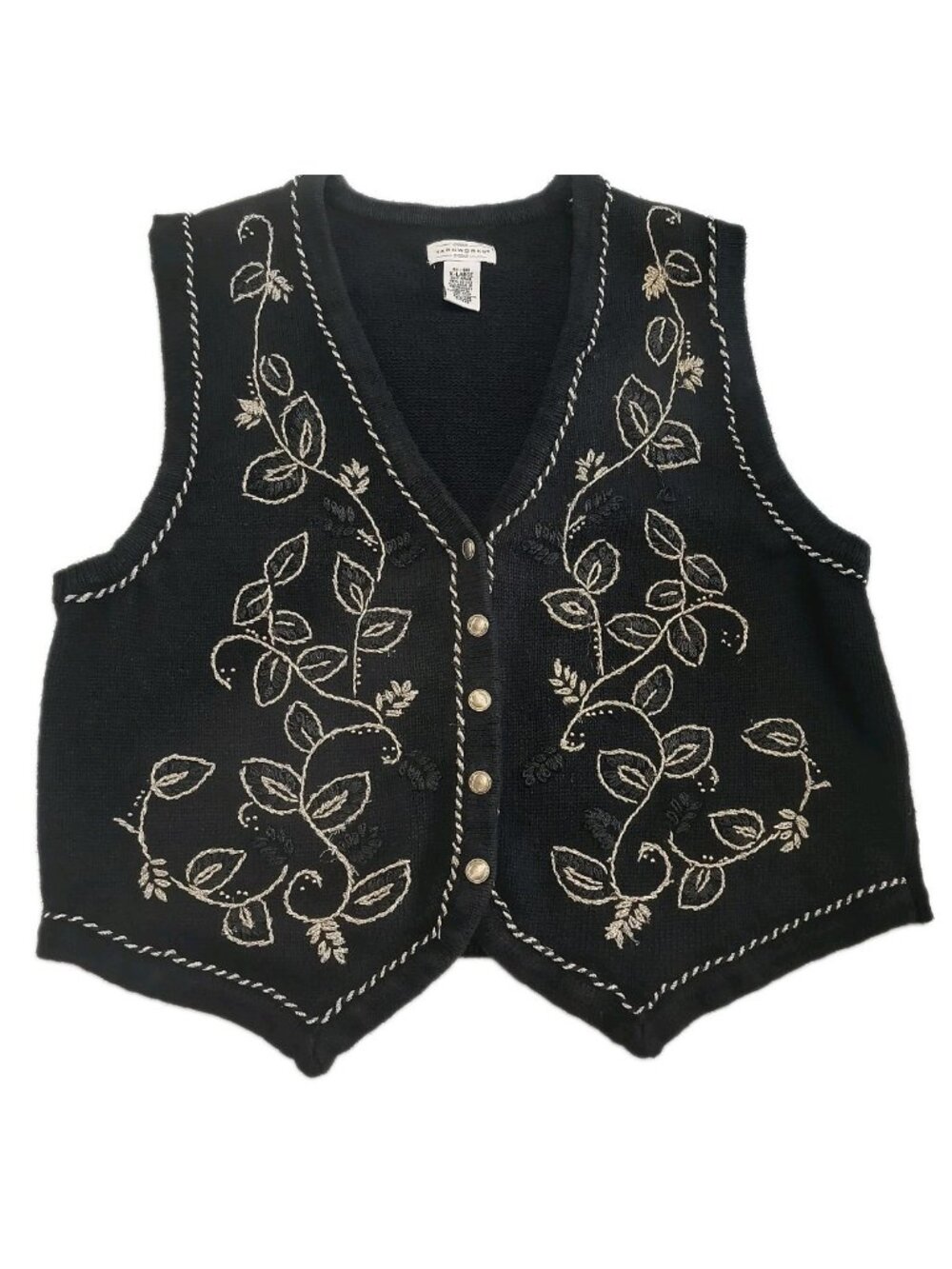 Yarnworks Women’s XL Black Embroidered Knit Vest Gold Leaf Design Boho Formal - Picture 1 of 12